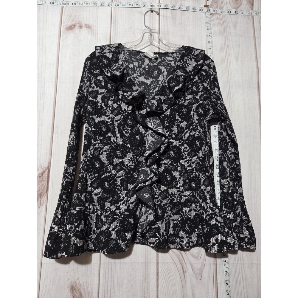 Clichy Womens‎ Black White Floral Ruffle V-Neck Pleated Bell Sleeve Blouse L